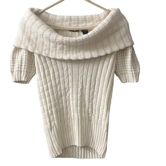 Moda International Medium Off-The-Shoulder Short Sleeve Cable Knit Sweater NWOT - Picture 1 of 8